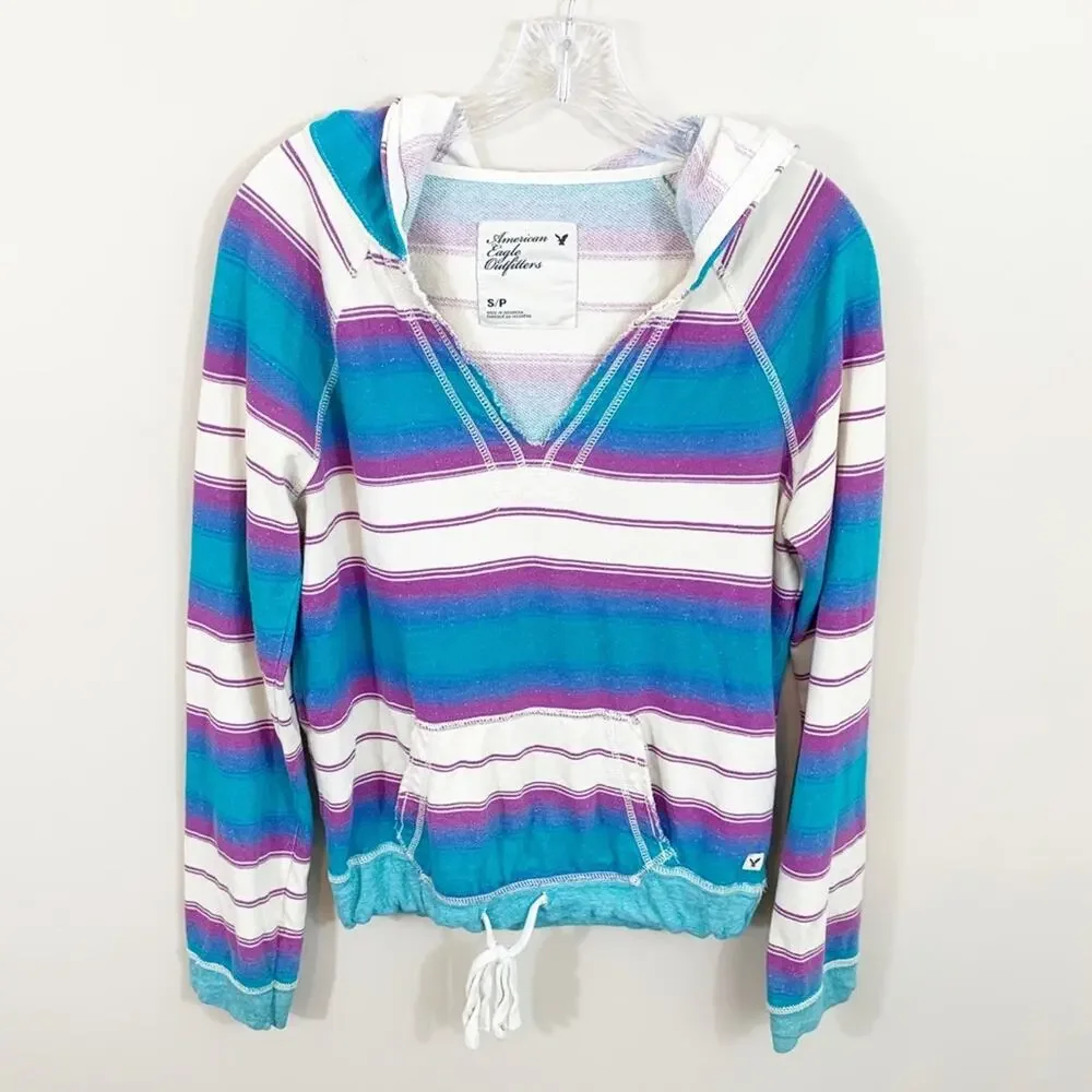 American Eagle Striped Hooded V-Neck Sweatshirt - Picture 1 of 5